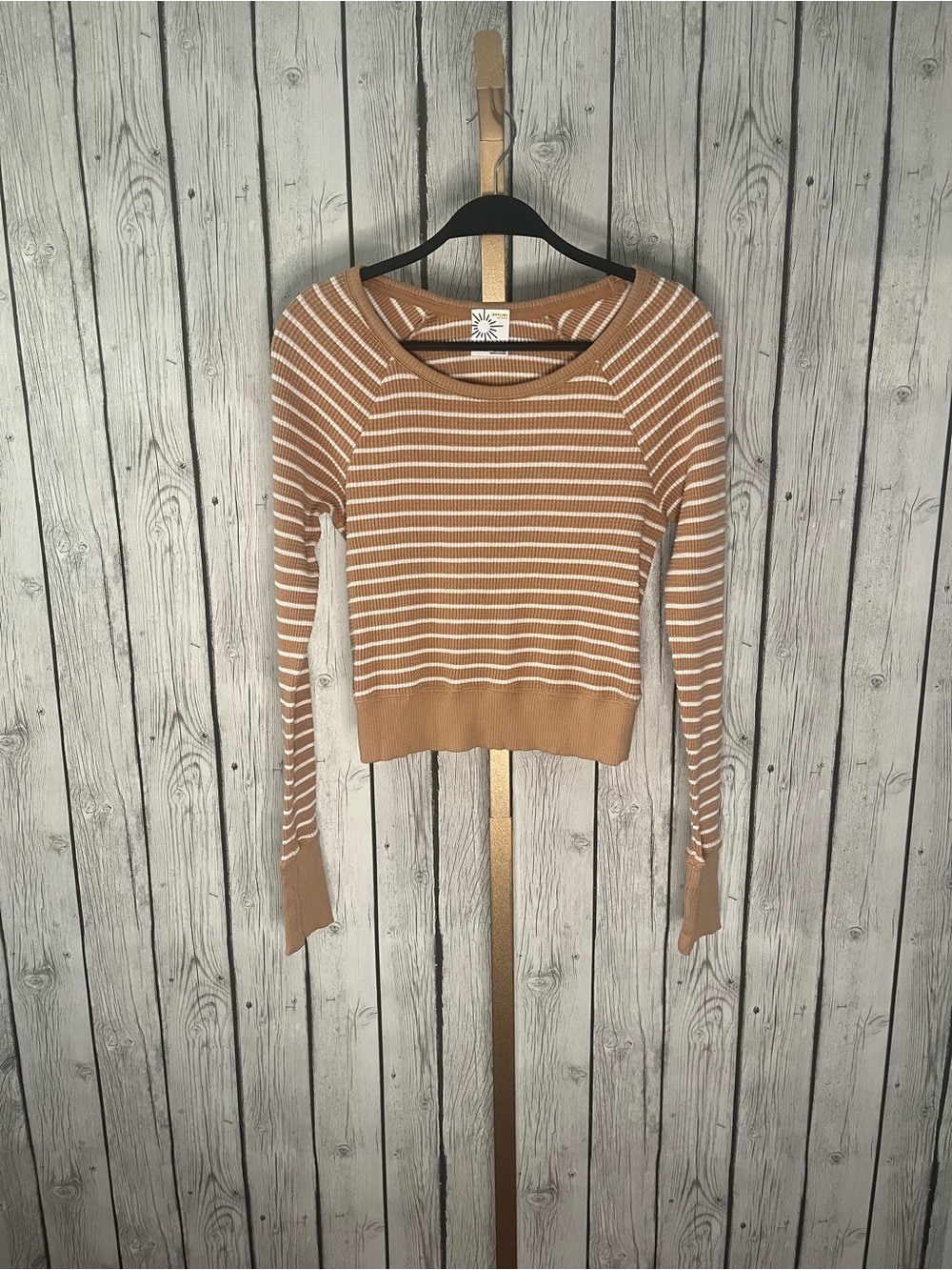Aerie Waffle Knit Cropped Long Sleeve Striped Brown White Medium layering top